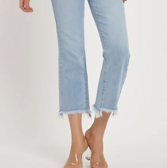 RISEN Slim High-Rise Waist Jeans Distressed Torn Cut-Off Cropped Hem Denim Pants