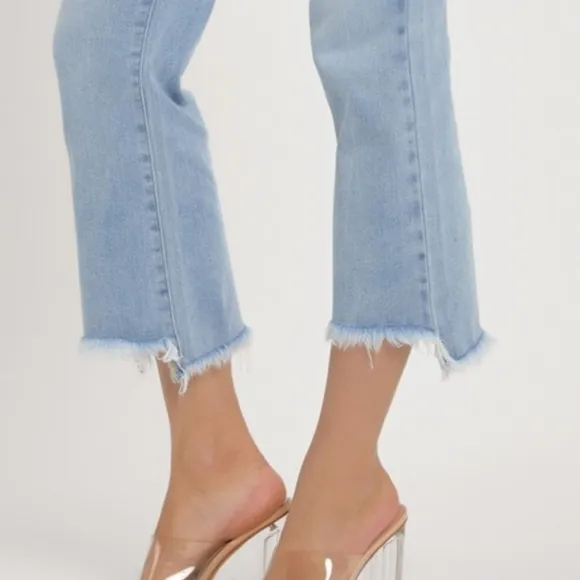 RISEN Slim High-Rise Waist Jeans Distressed Torn Cut-Off Cropped Hem Denim Pants