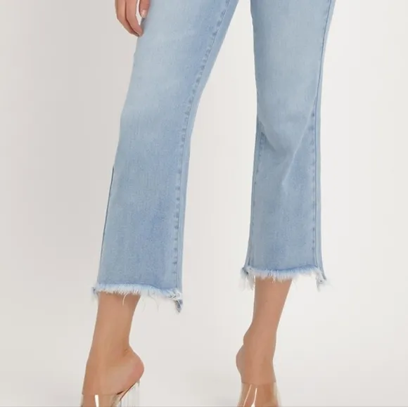 RISEN Slim High-Rise Waist Jeans Distressed Torn Cut-Off Cropped Hem Denim Pants