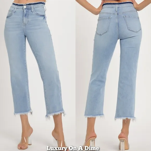RISEN Slim High-Rise Waist Jeans Distressed Torn Cut-Off Cropped Hem Denim Pants