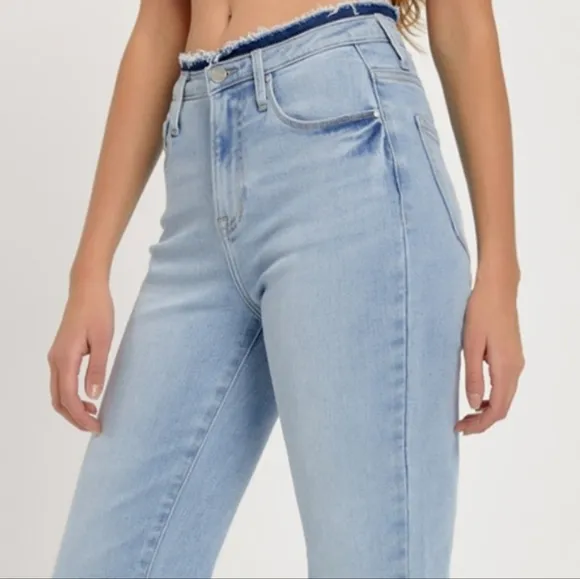 RISEN Slim High-Rise Waist Jeans Distressed Torn Cut-Off Cropped Hem Denim Pants