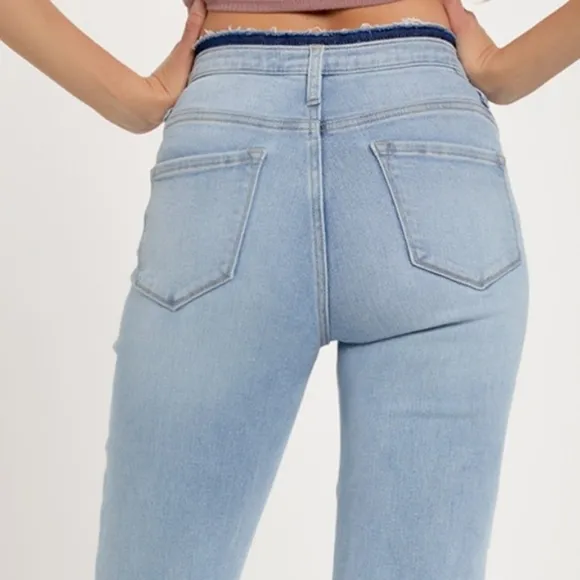 RISEN Slim High-Rise Waist Jeans Distressed Torn Cut-Off Cropped Hem Denim Pants