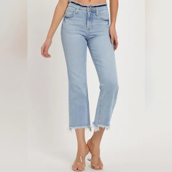 RISEN Slim High-Rise Waist Jeans Distressed Torn Cut-Off Cropped Hem Denim Pants