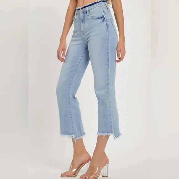 RISEN Slim High-Rise Waist Jeans Distressed Torn Cut-Off Cropped Hem Denim Pants