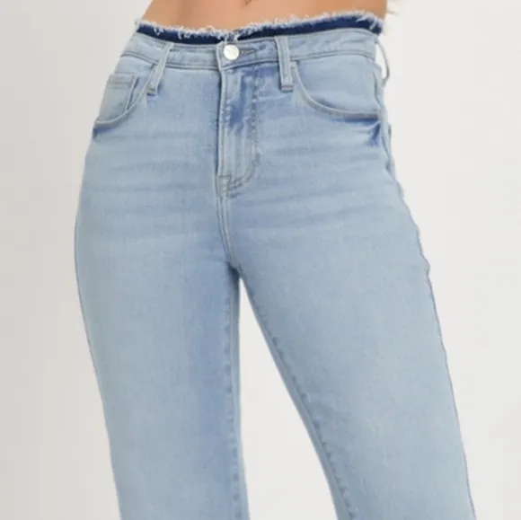 RISEN Slim High-Rise Waist Jeans Distressed Torn Cut-Off Cropped Hem Denim Pants