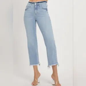 RISEN Slim High-Rise Waist Jeans Distressed Torn Cut-Off Cropped Hem Denim Pants