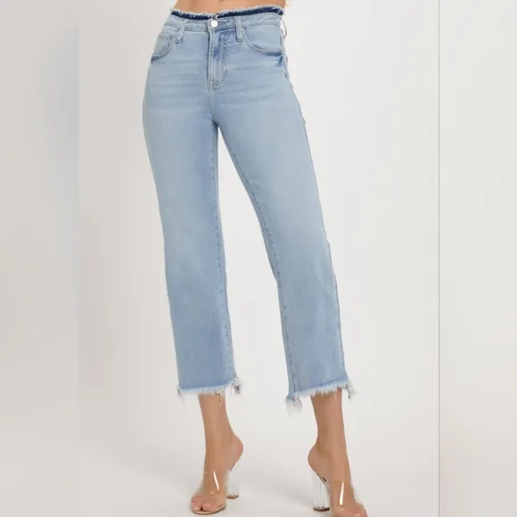 RISEN Slim High-Rise Waist Jeans Distressed Torn Cut-Off Cropped Hem Denim Pants