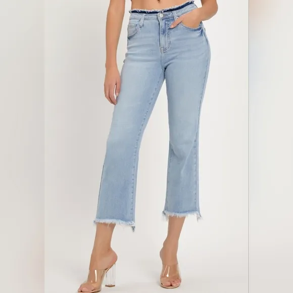 RISEN Slim High-Rise Waist Jeans Distressed Torn Cut-Off Cropped Hem Denim Pants