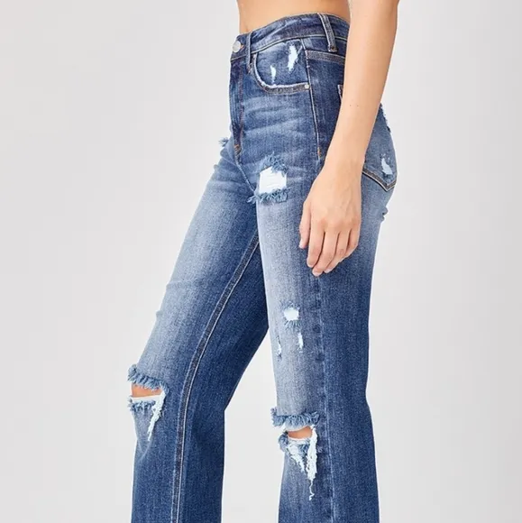 RISEN Torn High-Rise Distressed Jeans Retro Straight Leg Classic Denim Pants