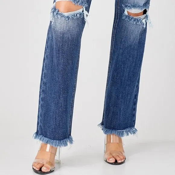 RISEN Torn High-Rise Distressed Jeans Retro Straight Leg Classic Denim Pants