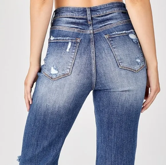 RISEN Torn High-Rise Distressed Jeans Retro Straight Leg Classic Denim Pants