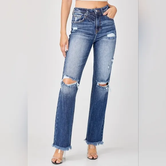 RISEN Torn High-Rise Distressed Jeans Retro Straight Leg Classic Denim Pants