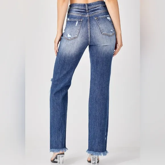 RISEN Torn High-Rise Distressed Jeans Retro Straight Leg Classic Denim Pants