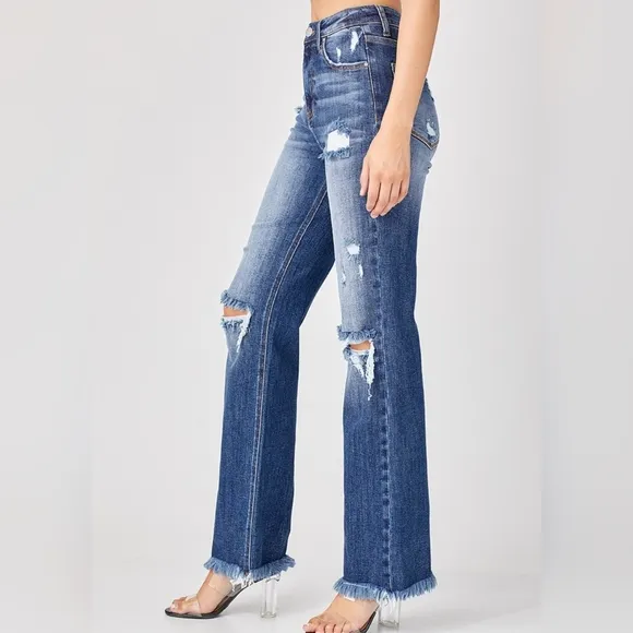 RISEN Torn High-Rise Distressed Jeans Retro Straight Leg Classic Denim Pants