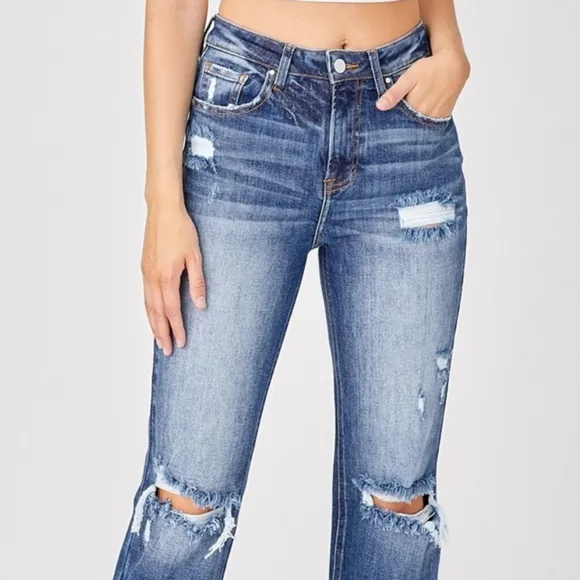 RISEN Torn High-Rise Distressed Jeans Retro Straight Leg Classic Denim Pants