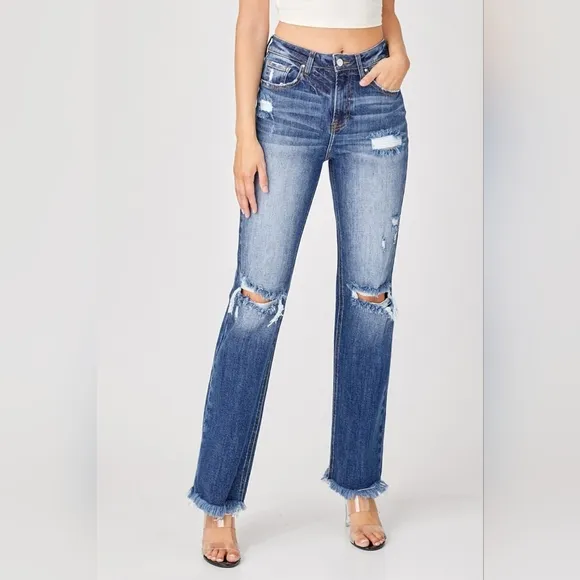 RISEN Torn High-Rise Distressed Jeans Retro Straight Leg Classic Denim Pants