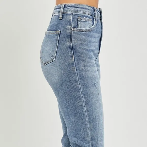 RISEN Tummy Control High-Rise Slim Fit Pants Frayed Flare Hem Retro Denim Jeans