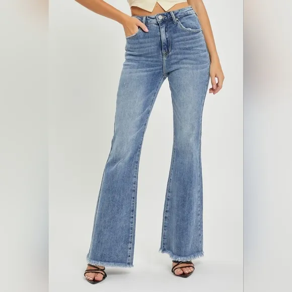 RISEN Tummy Control High-Rise Slim Fit Pants Frayed Flare Hem Retro Denim Jeans