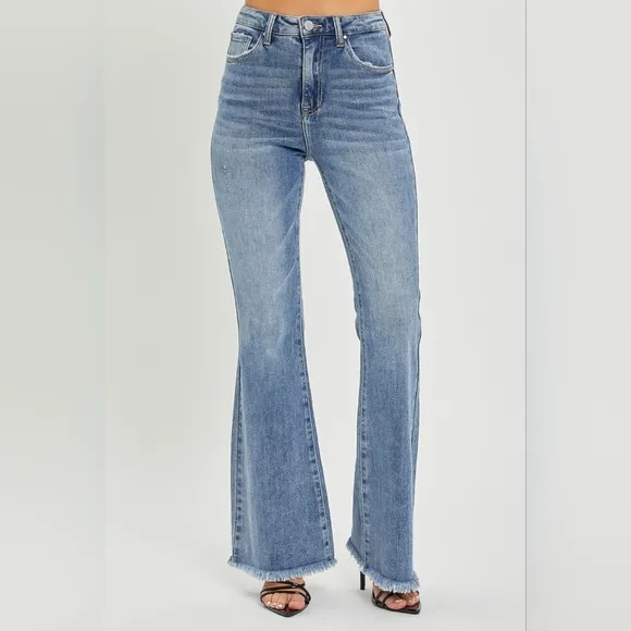 RISEN Tummy Control High-Rise Slim Fit Pants Frayed Flare Hem Retro Denim Jeans
