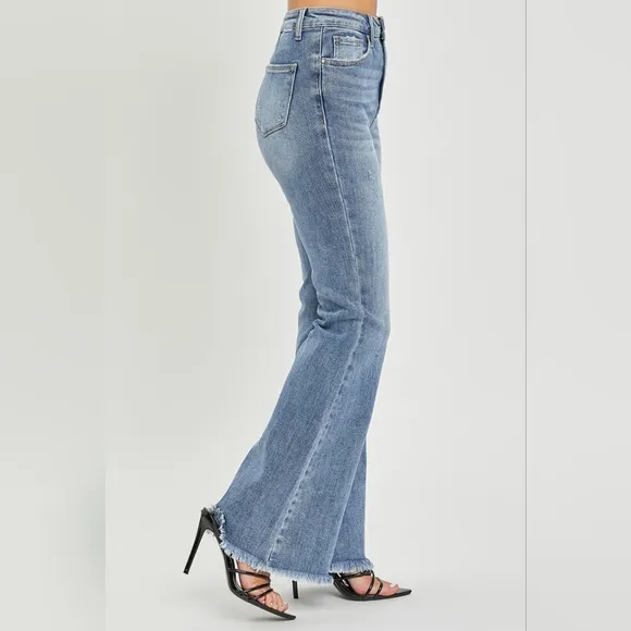 RISEN Tummy Control High-Rise Slim Fit Pants Frayed Flare Hem Retro Denim Jeans