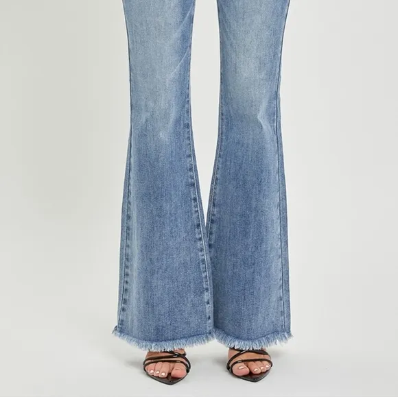 RISEN Tummy Control High-Rise Slim Fit Pants Frayed Flare Hem Retro Denim Jeans