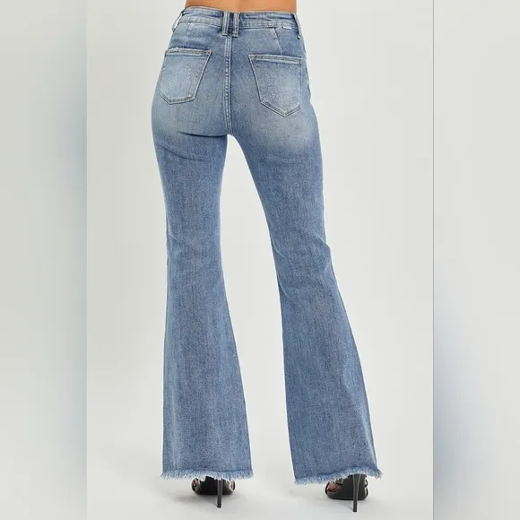 RISEN Tummy Control High-Rise Slim Fit Pants Frayed Flare Hem Retro Denim Jeans