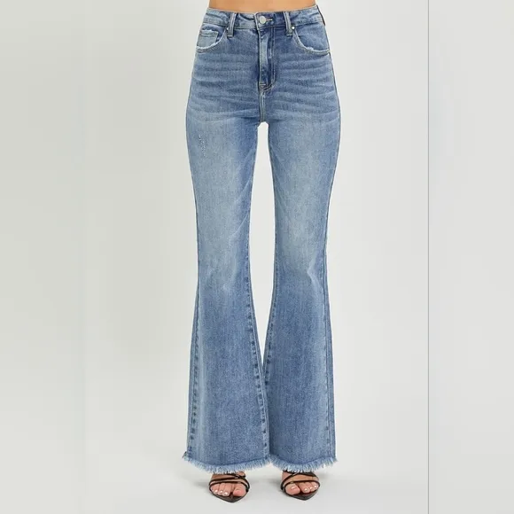 RISEN Tummy Control High-Rise Slim Fit Pants Frayed Flare Hem Retro Denim Jeans