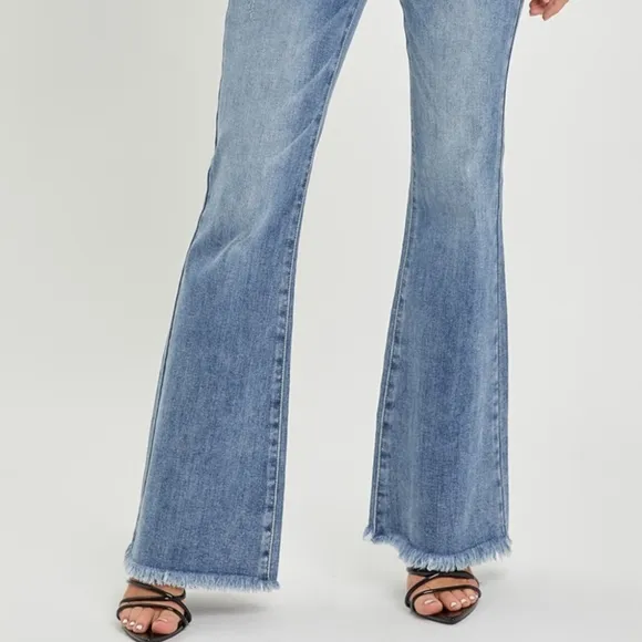 RISEN Tummy Control High-Rise Slim Fit Pants Frayed Flare Hem Retro Denim Jeans