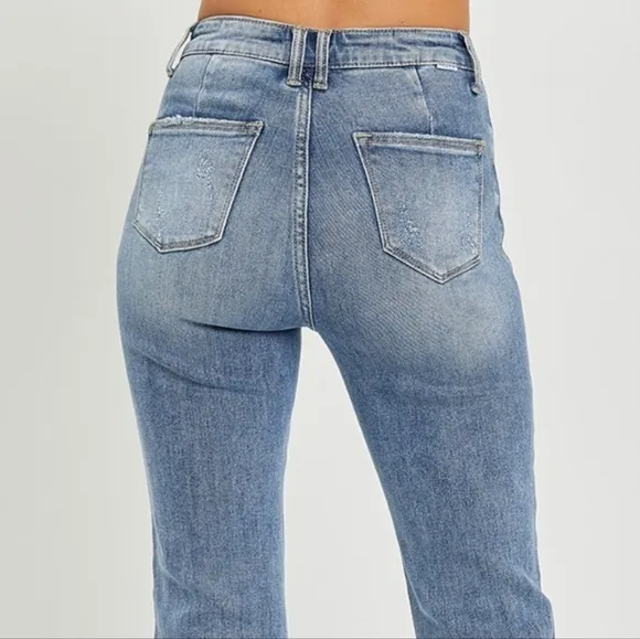 RISEN Tummy Control High-Rise Slim Fit Pants Frayed Flare Hem Retro Denim Jeans