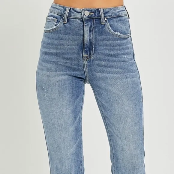 RISEN Tummy Control High-Rise Slim Fit Pants Frayed Flare Hem Retro Denim Jeans