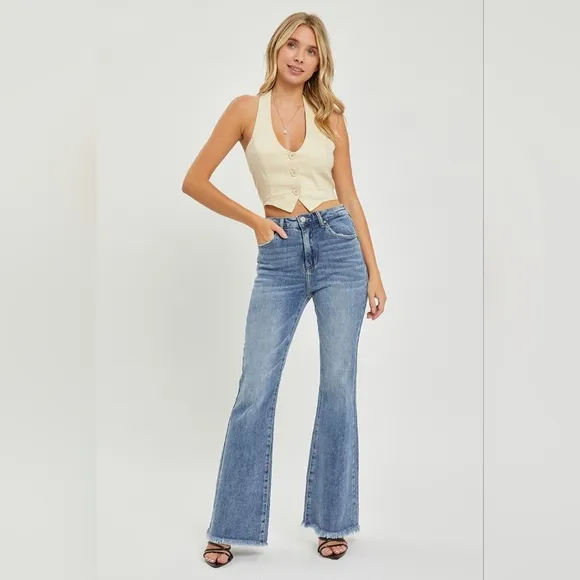 RISEN Tummy Control High-Rise Slim Fit Pants Frayed Flare Hem Retro Denim Jeans