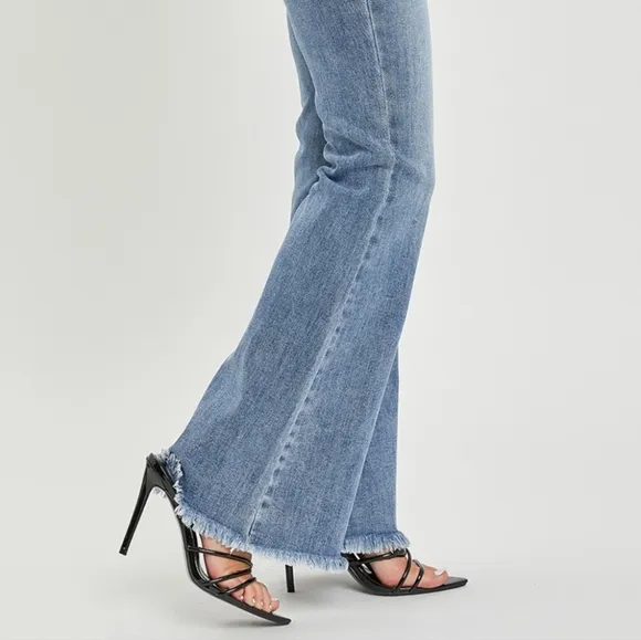 RISEN Tummy Control High-Rise Slim Fit Pants Frayed Flare Hem Retro Denim Jeans