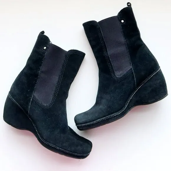 Rockport Waterproof Black Suede Wedge Heel Square Toe Ankle Boots Booties 6.5