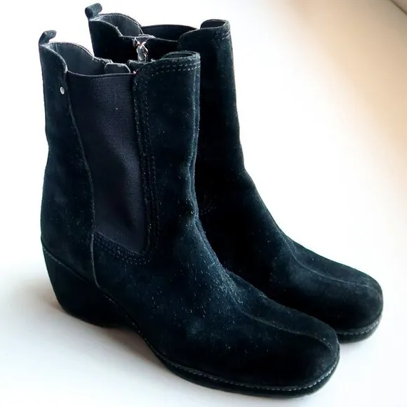 Rockport Waterproof Black Suede Wedge Heel Square Toe Ankle Boots Booties 6.5