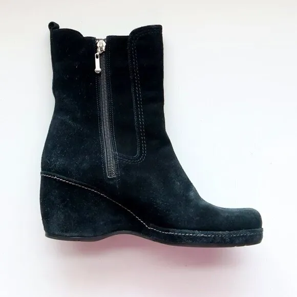 Rockport Waterproof Black Suede Wedge Heel Square Toe Ankle Boots Booties 6.5