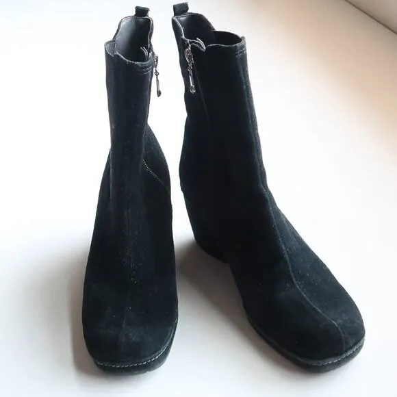 Rockport Waterproof Black Suede Wedge Heel Square Toe Ankle Boots Booties 6.5