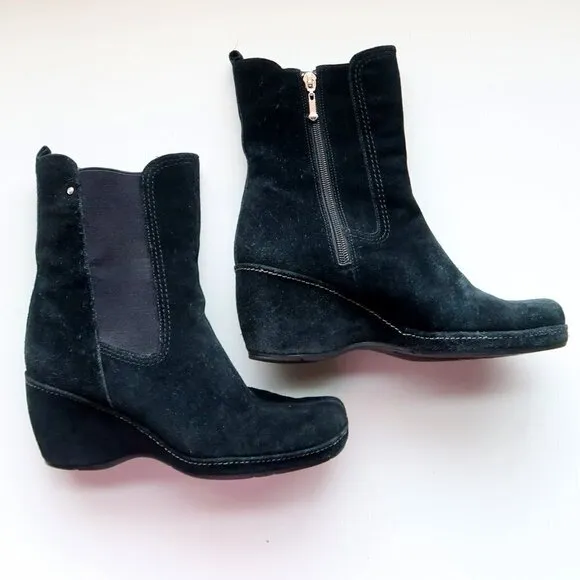 Rockport Waterproof Black Suede Wedge Heel Square Toe Ankle Boots Booties 6.5