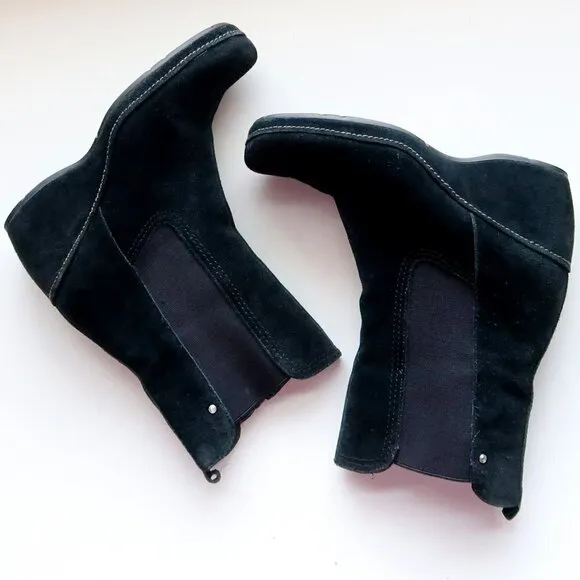 Rockport Waterproof Black Suede Wedge Heel Square Toe Ankle Boots Booties 6.5