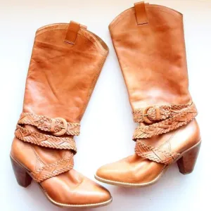 Roots Brazilian Almond Toe Block Heel Western Cowgirl Tall Riding Boots Size 8