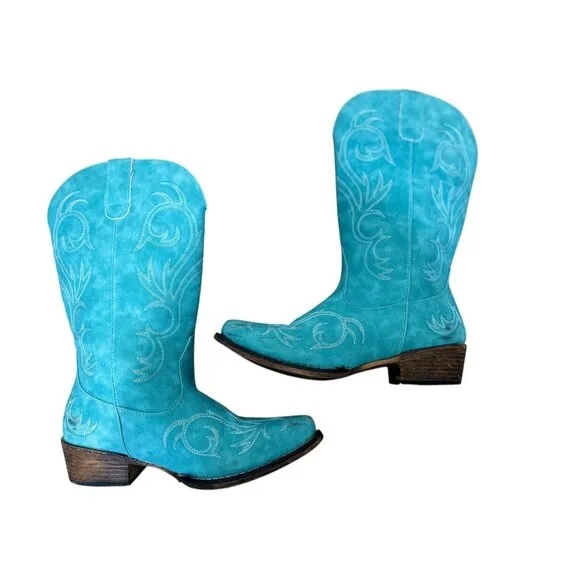 Roper Riley Western Boots Womens 9 Turquoise Faux Leather Boho Festival Cowgirl