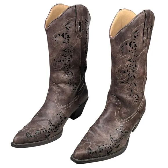 Roper Women’s Alisa Brown Faux Leather Western Cowgirl Boot Size US 8.5