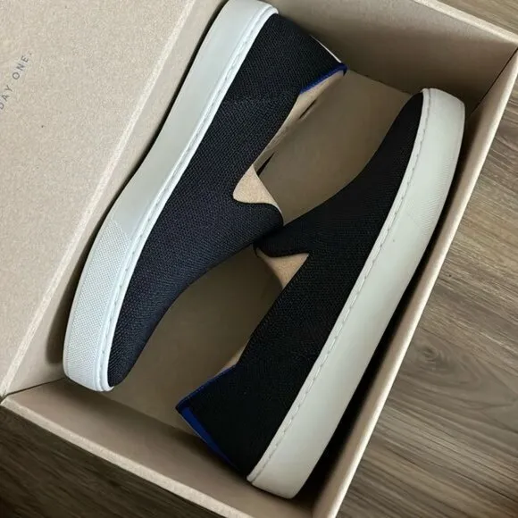Rothy's The Original Slip On Sneaker in Black Woven Knit Slip Ons