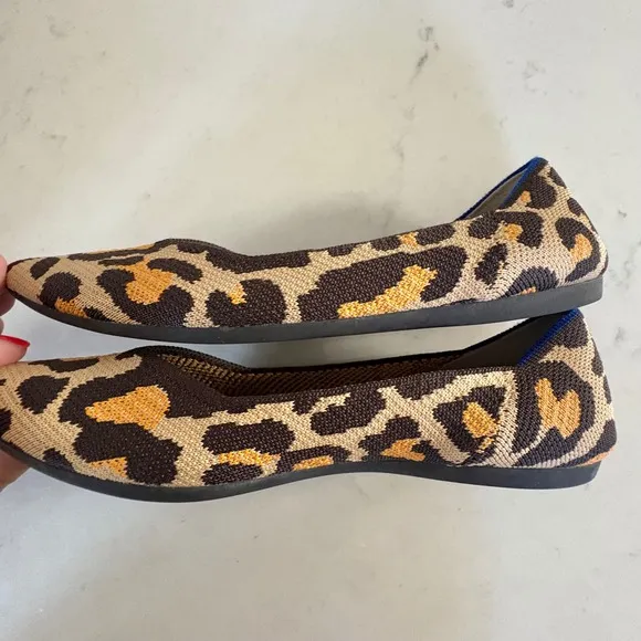 ROTHY'S The Point Big Cat Leopard Print Knit Ballet Flats Washable Shoes SZ 7.5