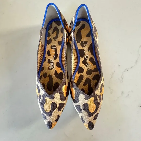 ROTHY'S The Point Big Cat Leopard Print Knit Ballet Flats Washable Shoes SZ 7.5