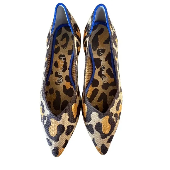 ROTHY'S The Point Big Cat Leopard Print Knit Ballet Flats Washable Shoes SZ 7.5