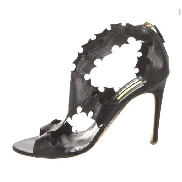 Rupert Sanderson Black Leather Leaf Edges High Heeled Sandals Size EU 41