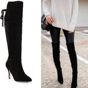 SAKS Fifth Avenue RED SR-RENEE Black Cow Split Suede High Heel Boots US Size 9