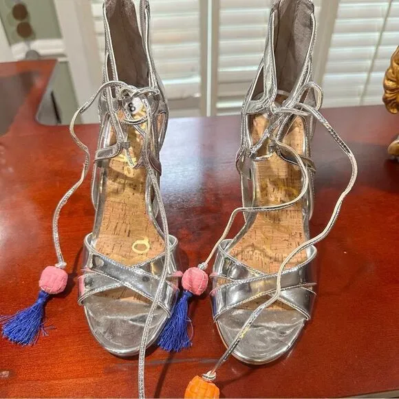 Sam Edelman Azela Silver Tassel Lace UP Leather Heel Size 8 NWOT