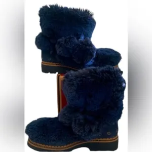 Sam Edelman faux fur winter lace up Pom boots slip on blue black fuzzy navy NWOT