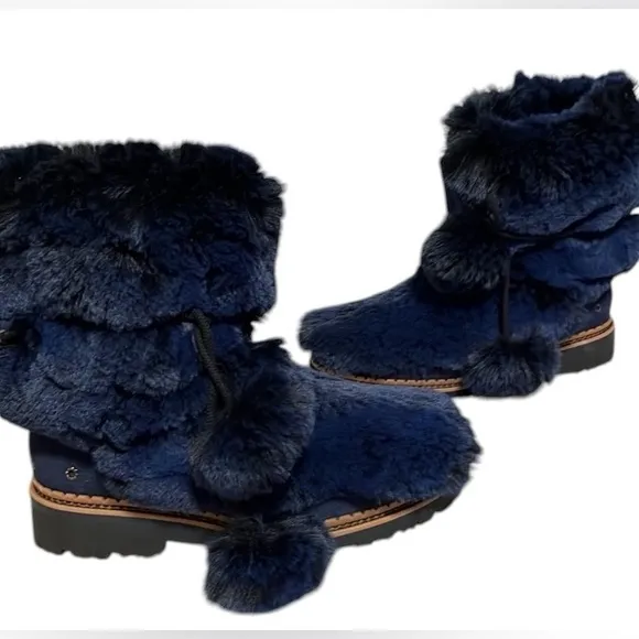 Sam Edelman faux fur winter lace up Pom boots slip on blue black fuzzy navy NWOT
